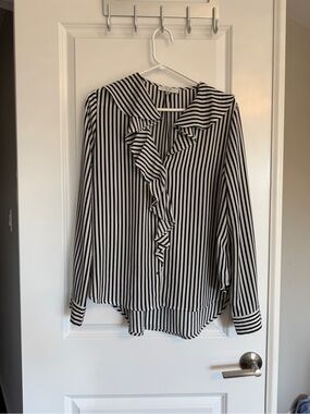 Ovi Black & White Vertical Stripe Ruffle Blouse